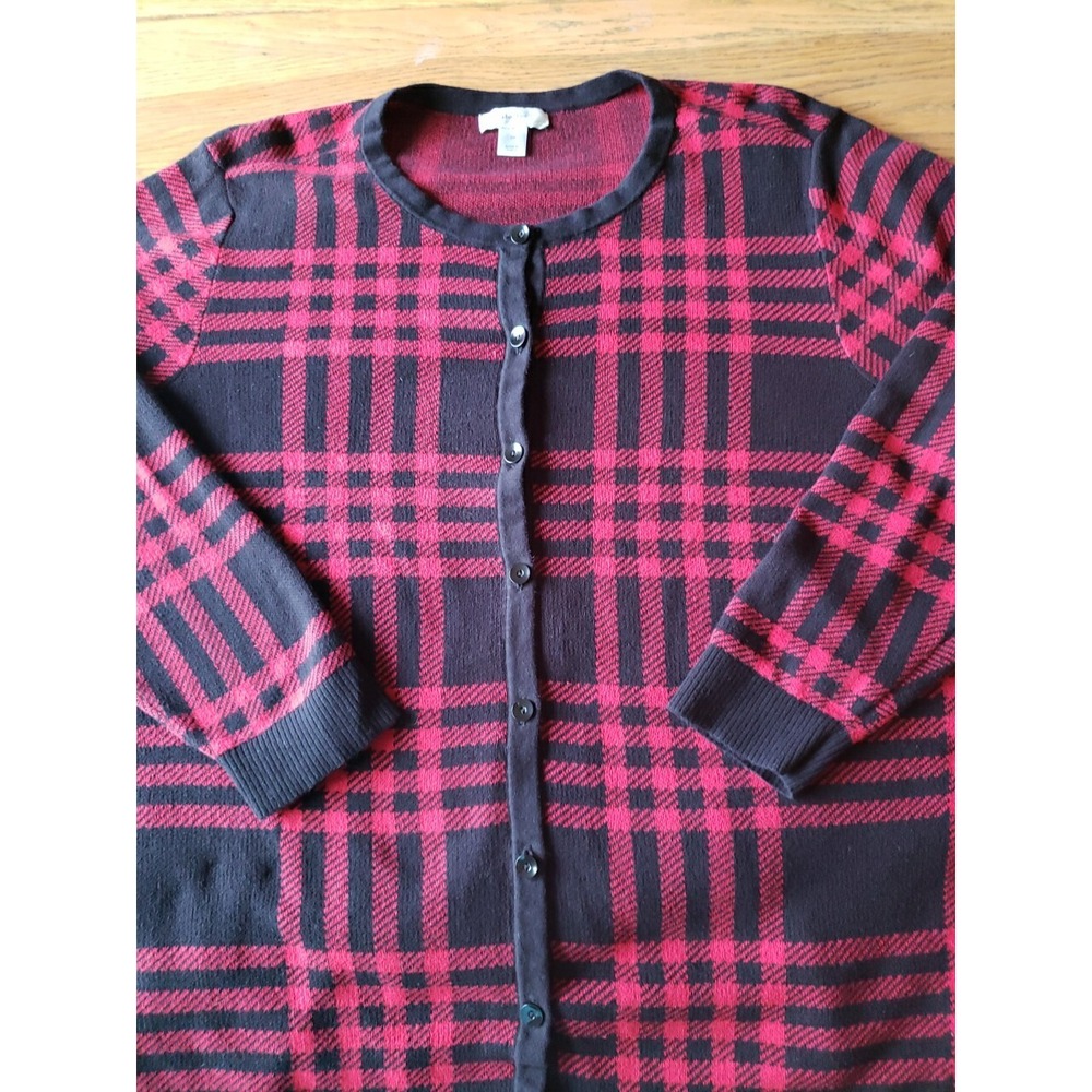 Sz 3X CJ Banks Cardigan Sweater Womens Deep Red Black Plaid Knit  Button Up EUC